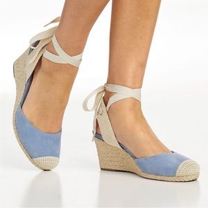 Vionic Espadrille Wedges Strappy Tie Aruba Maris Blue and Khaki
